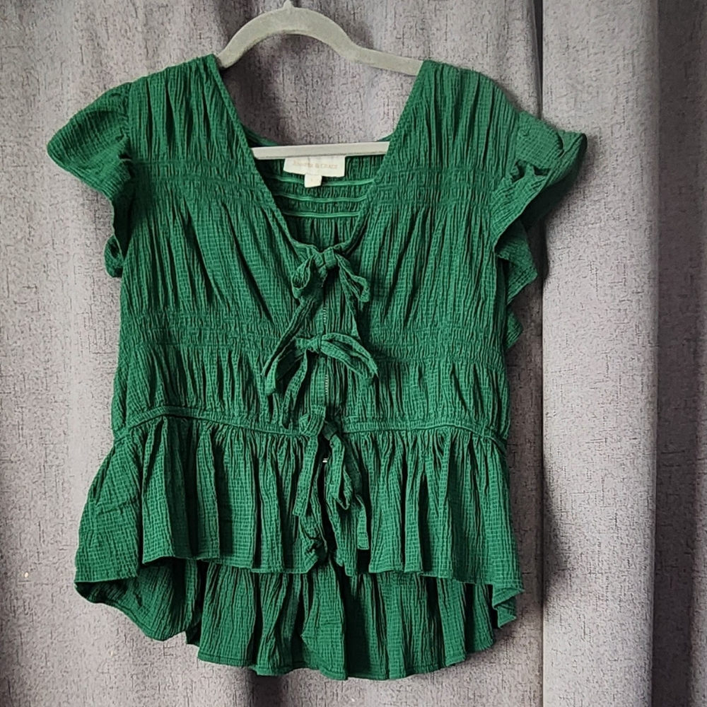 Jennifer & Grace Green Textured Ruched Peplum Top Size L – Short Sleeve Zip